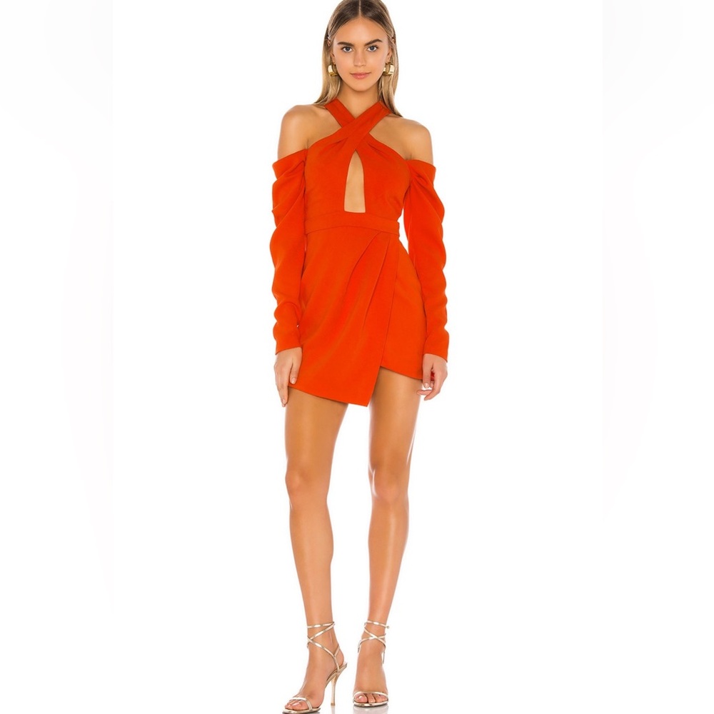 Michael Costello x Revolve Libby‎ Crepe Mini Dress Red Orange Long Sleeve NWT M